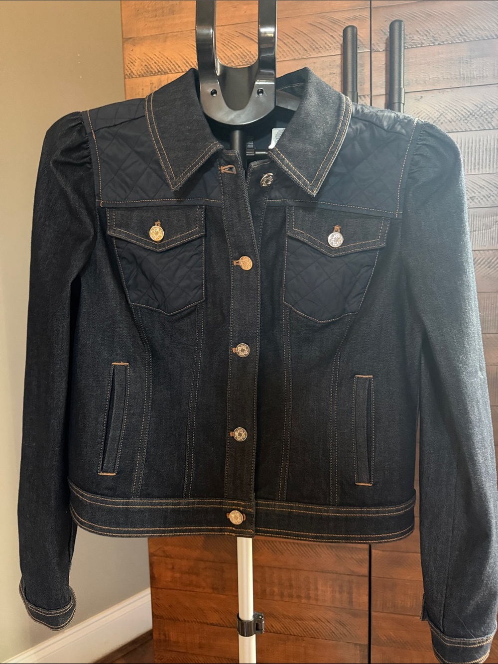 Quilt-Panel Dark Blue Denim Jacket with Gold Accents
